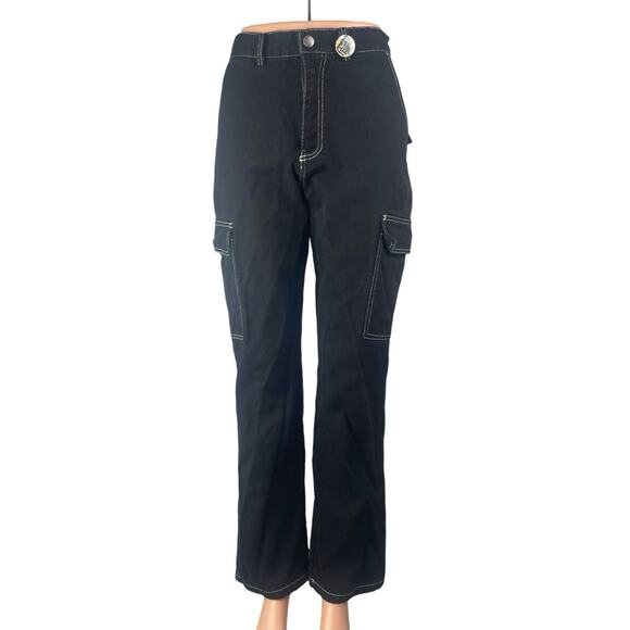 Forever 21 Women's Black High Rise Utility Straight Leg Cargo Denim Jeans Size S - Picture 1 of 6